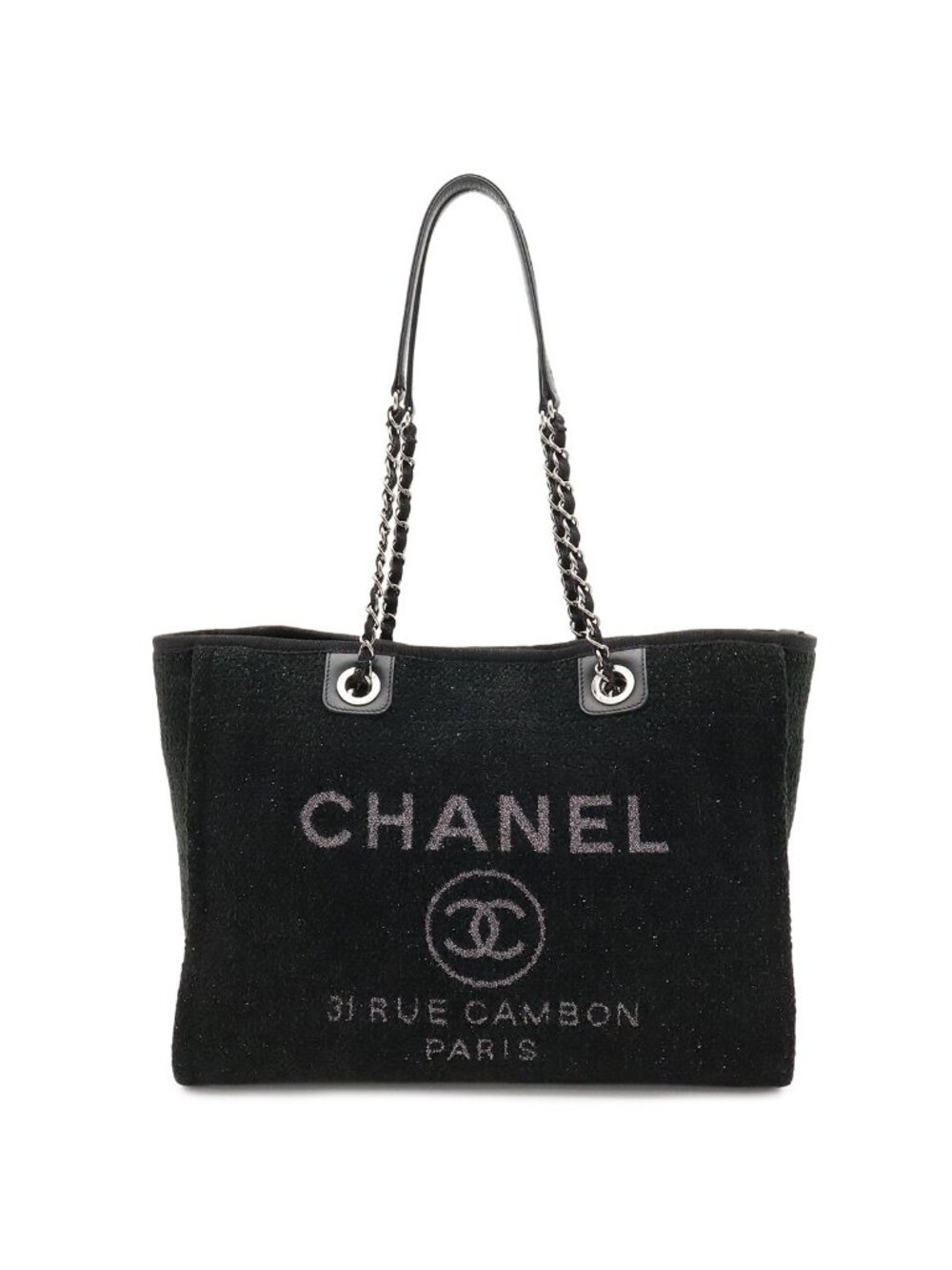 Chanel Deauville Line Medium Tote MM Shoulder Bag Chain Cotton Black
